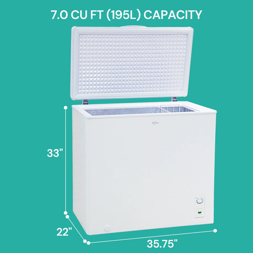 2026 NewKoolatron Large Chest Freezer, 7.0 cu ft (195L),Manual Defrost Deep Freeze, Storage Basket, Space-Saving Flat Back, Stay-Open Lid, Front-Access Drain, White
