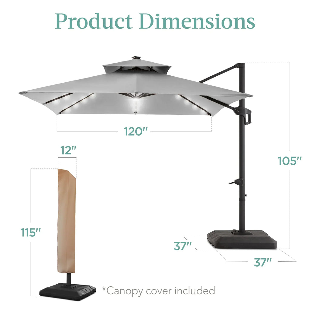 2026 NewBest Choice Products 10x10ft 2-Tier Square Outdoor Solar LED Cantilever Patio Umbrella w/ Base Included - Tan