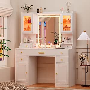 CSZZD White Makeup Vanity Desk with LED Mirror & RGB Cabinets