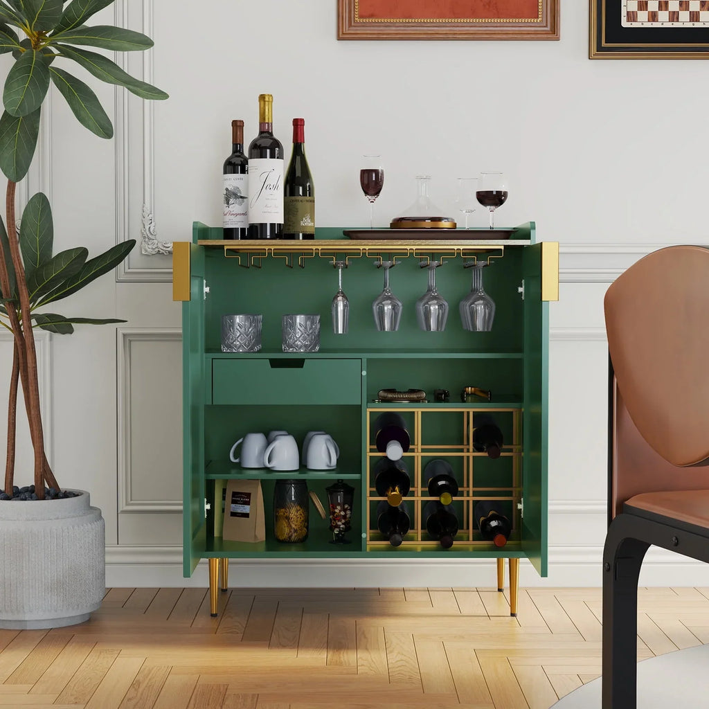 2026 NewCBJCBJ 32" Wine Bar Cabinet with 2 Door Fluted Texture, Modern Coffee Cabinet with Rack&Glass Holder, Black