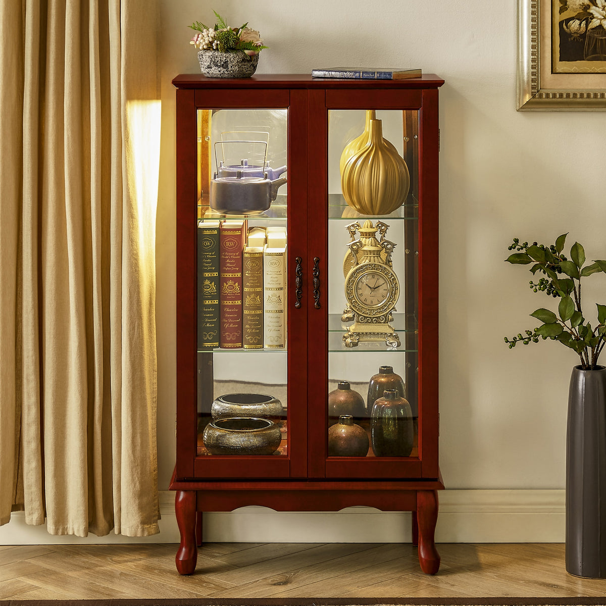 Huluwat Curio Cabinet Lighted Curio Diapaly Cabinet with Adjustable Shelves and Mirrored Back Panel