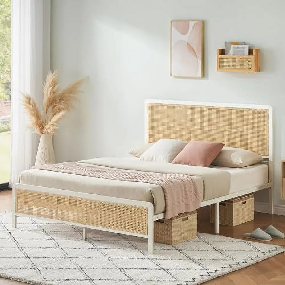 2026 New Platform Bed Frame with Natural Rattan Headboard Modern Cane Bed Frames with Heavy Duty Sturdy Steel Slat Support No Box Spring Needed Easy Assembly