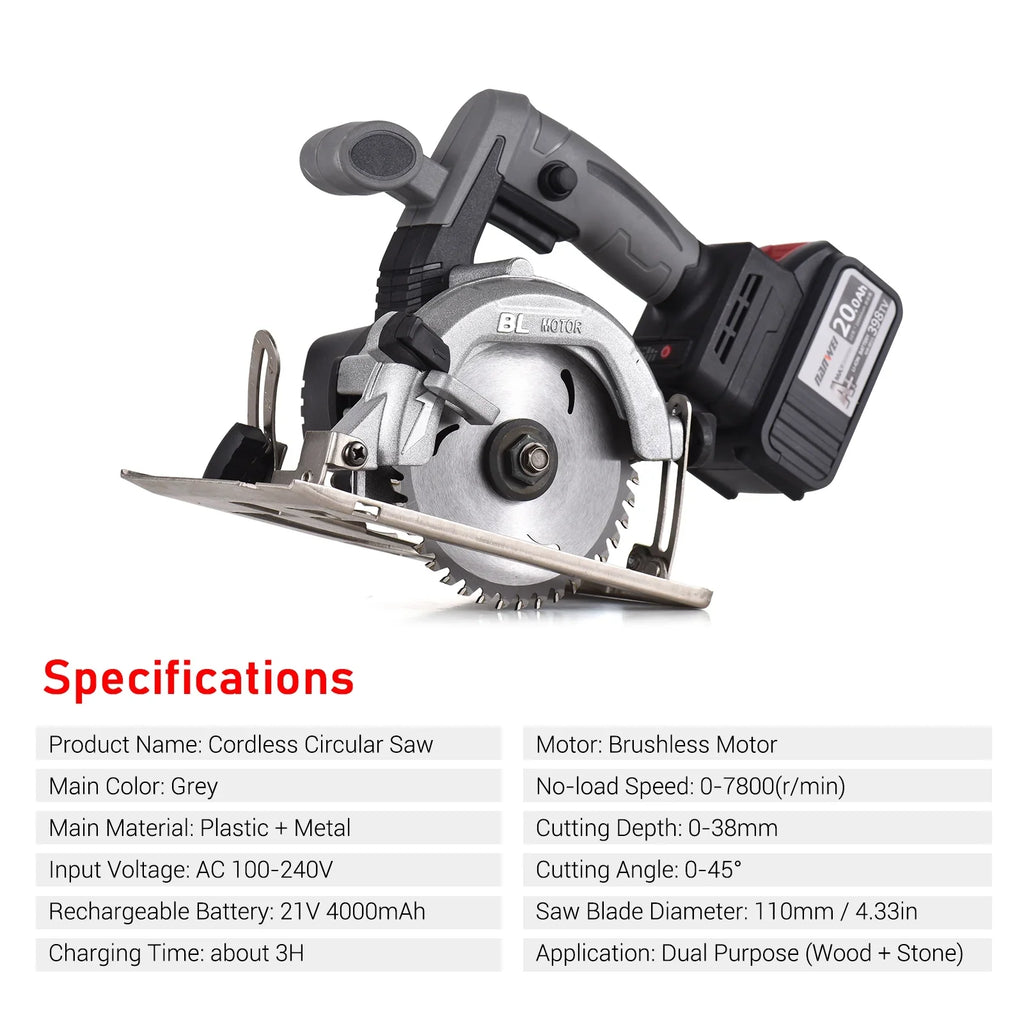 2026 NewNANWEI Circular Saw Electric Saw 21V 7800RPM Cordless Brushless Tile Saw 45 Degree Adjustable Bevel Cutting with 110mm Blade