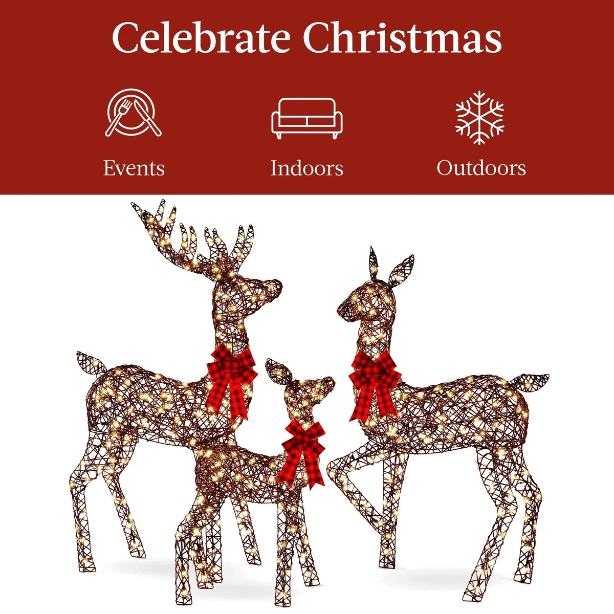 2026 NewBest Choice Products 6.5ft 3-Piece Lighted Christmas Deer Set Outdoor Yard Decoration w/ 385 LED Lights, Stakes - Gold
