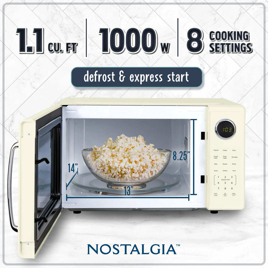 2026 NewNostalgia Retro Microwave Oven - 1.1 Cu Ft & 1000-Watt Countertop Size with Glass Turntable, Child Safety Lock, 8 Auto-Cook Programs & Digital Clock - Black