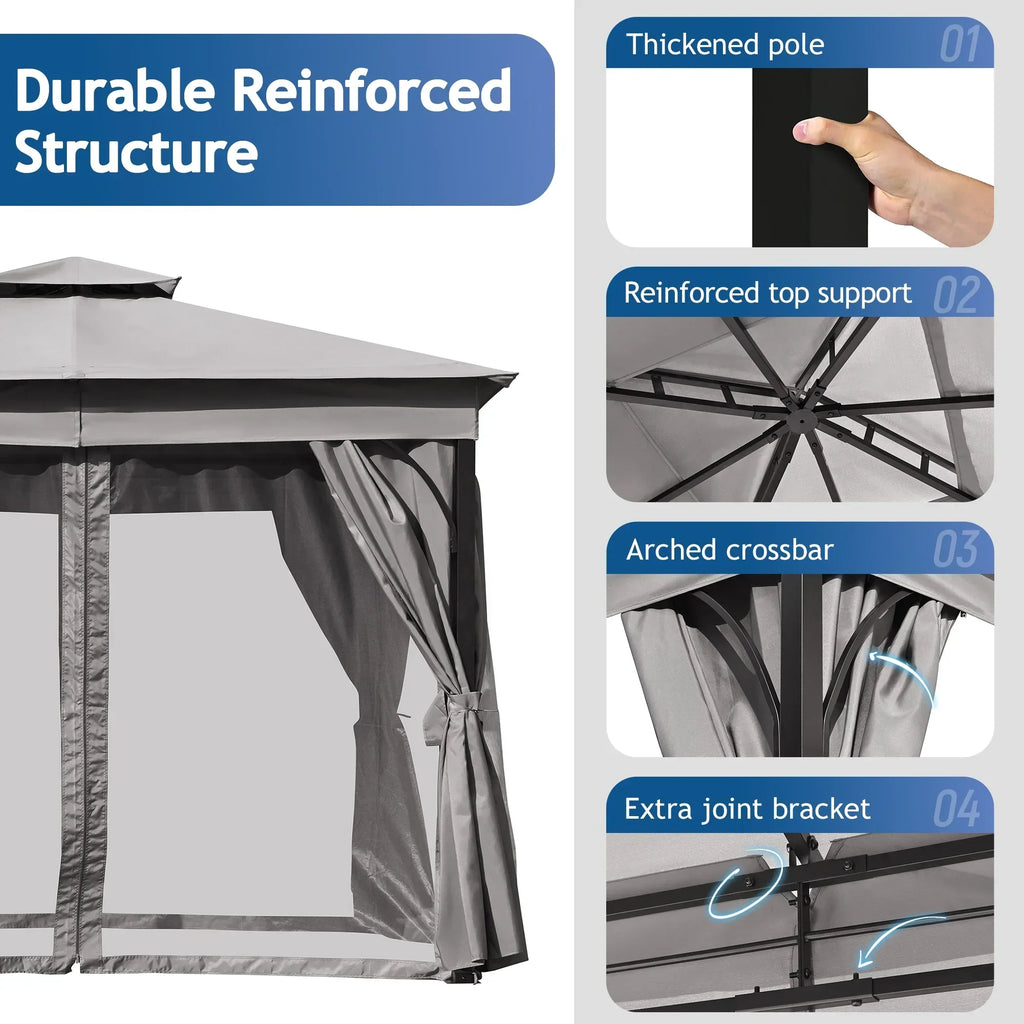2026 New10'x10' Outdoor Gazebo,Patio Gazebo with Mosquito Netting and Privacy Screens for Backyard, Garden, Lawn and Deck,Grey
