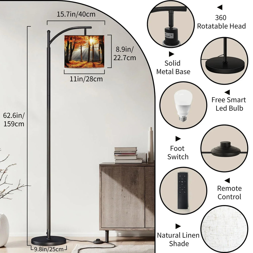 2026 New Arc Floor Lamp, 3 Color Temperatures Modern Floor Lamps Fall Autumn Maple Tree Forest Adjustable Tall Standing Reading Lamp with Linen Texture Shade