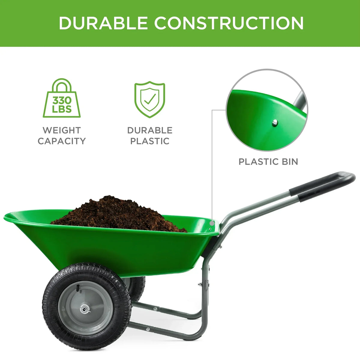 2026 NewBest Choice Products Dual-Wheel Home Wheelbarrow Yard Garden Cart for Lawn, Construction - Green