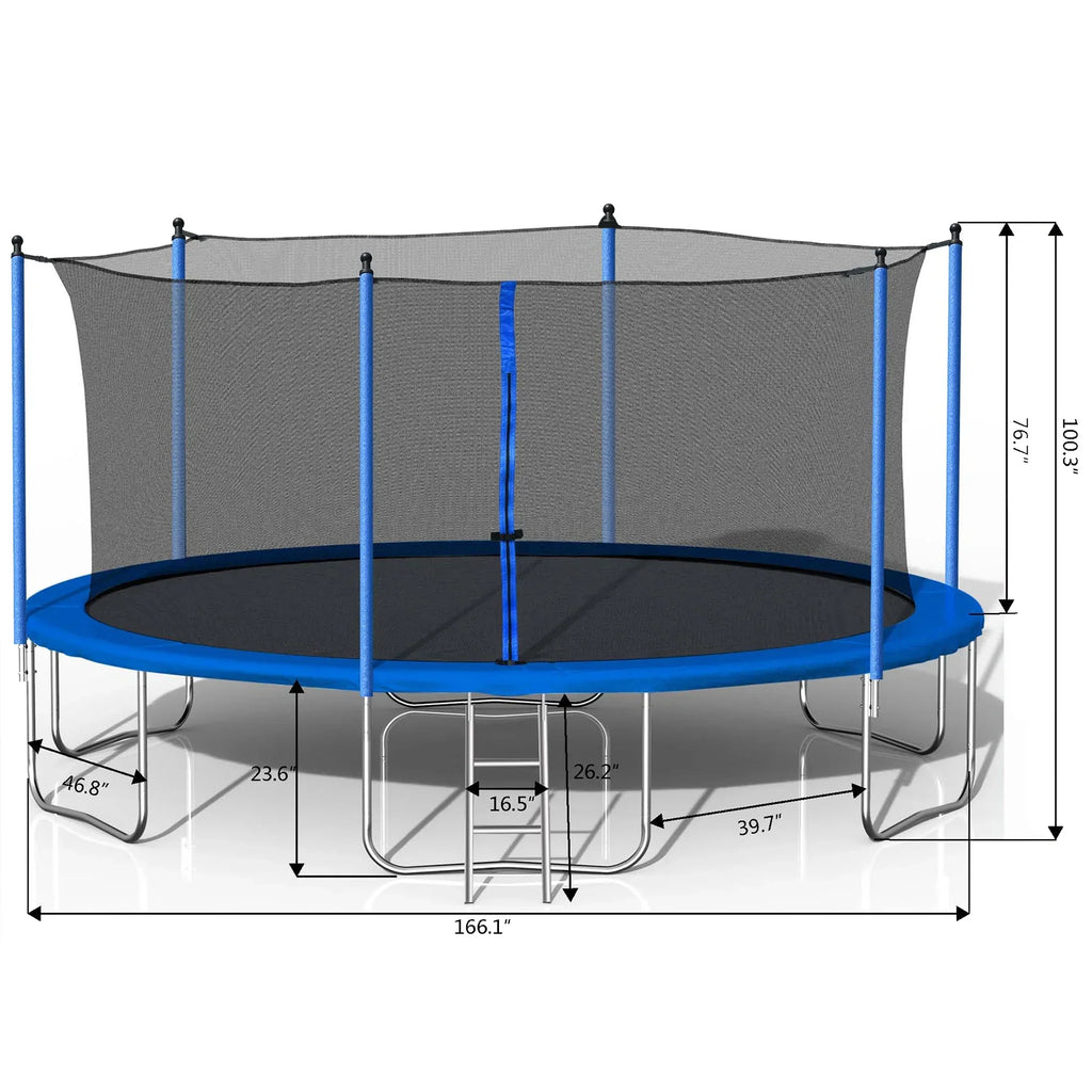 2026 New14FT Outdoor Trampoline with Safety Enclosure, Steel Tube Frame, Ladder & Secure Net - Heavy Duty, Blue