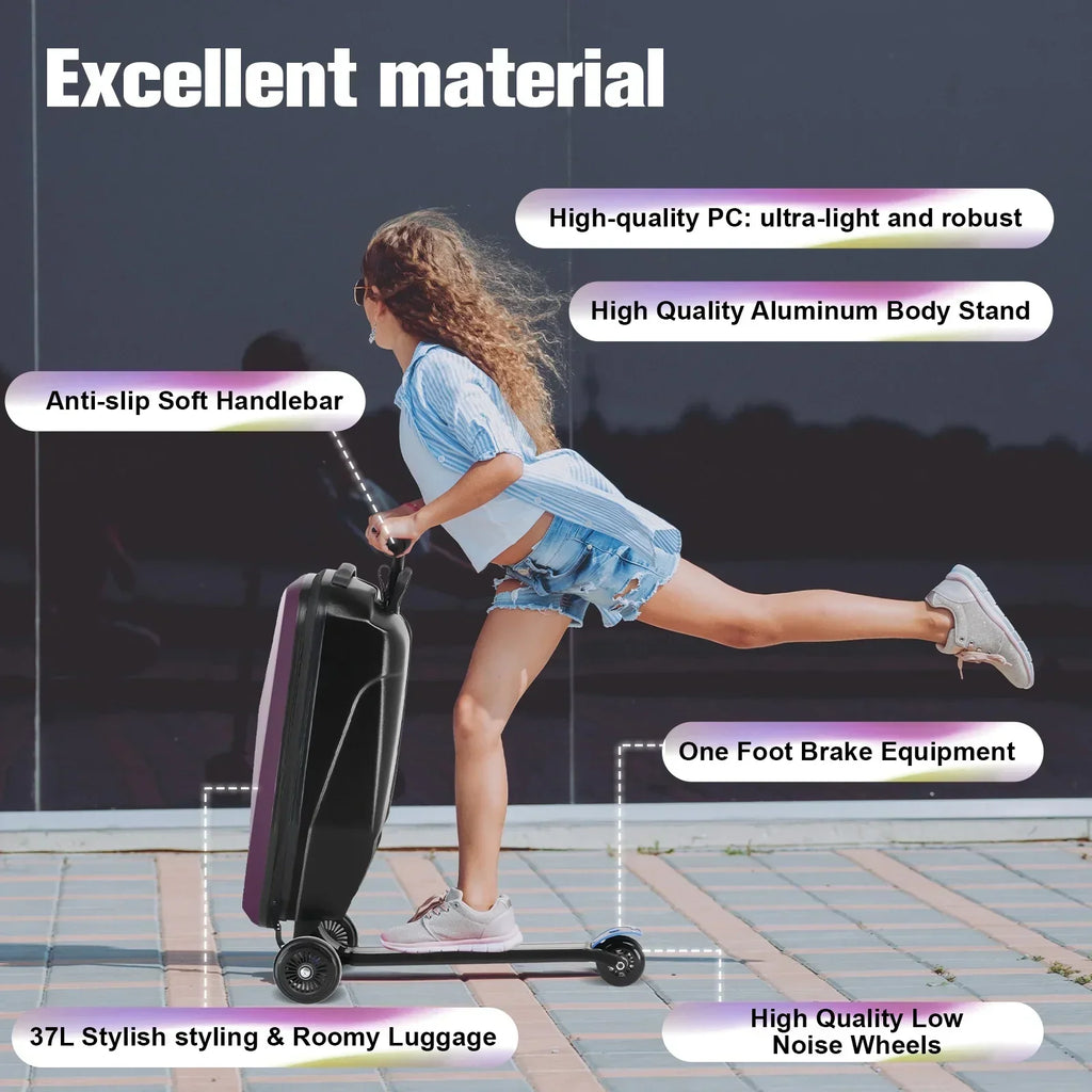 2026 NewAdvwin Scooter Luggage for Kids & Adults, Hardside Ride on Suitcase for Kids Ages 4-15 Multifunctional Lightweight Foldable Carry on Luggage with Wheels Ride on for Children Teenagers, Pink