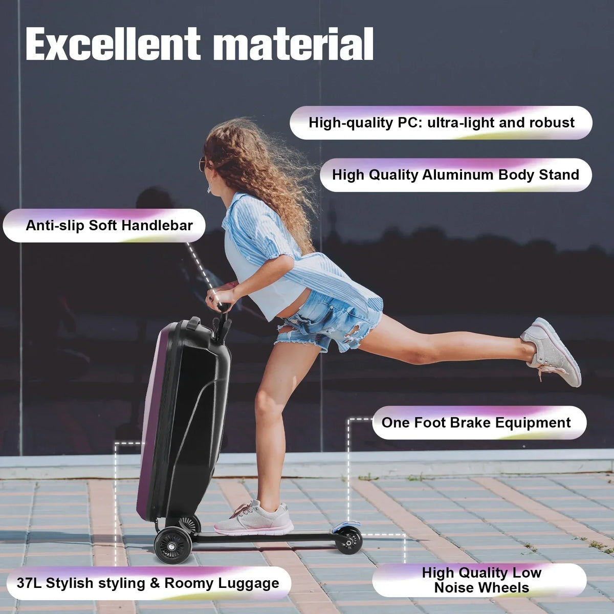 2026 NewAdvwin Scooter Luggage for Kids & Adults, Hardside Ride on Suitcase for Kids Ages 4-15 Multifunctional Lightweight Foldable Carry on Luggage with Wheels Ride on for Children Teenagers, Pink