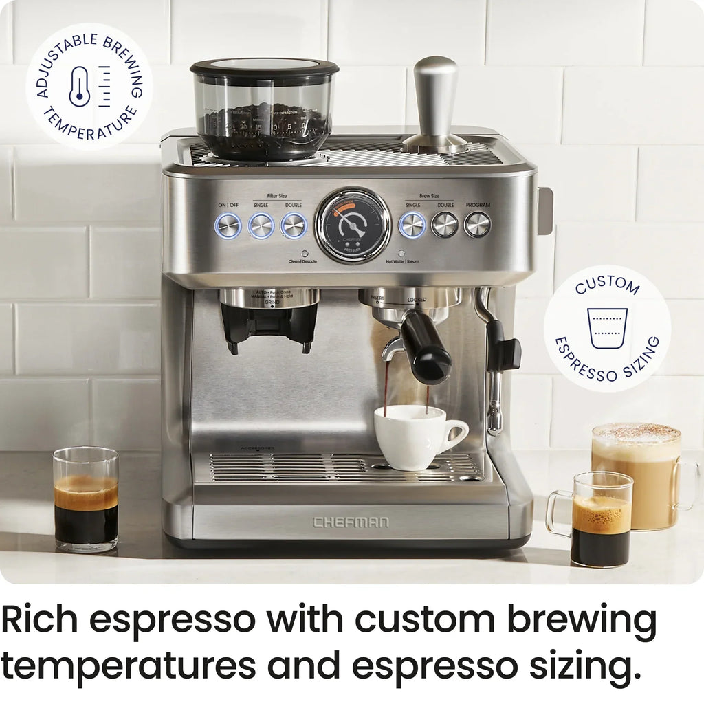 2026 NewChefman Crema Supreme Espresso Machine with Conical Burr Grinder and Steam Wand a. Stainless Steel, New
