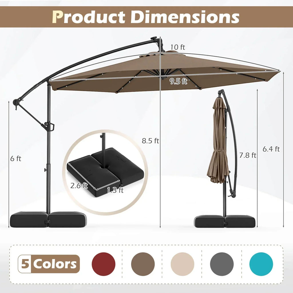 2026 NewCostway 10 FT Solar Offset Hanging Umbrella Patio Cantilever Umbrella with 32 LED Lights Brown