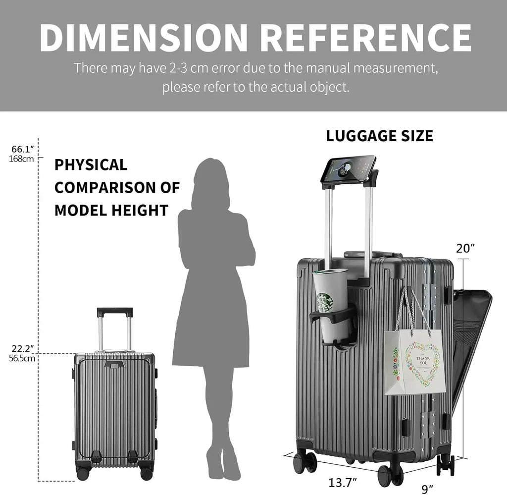 2026 NewCarry-On Luggage with USB Charging Port, Front Compartment, TSA Lock, Airline Approved Carry On Hardside Suitcase with Spinner Wheels (Grey, 20inch)