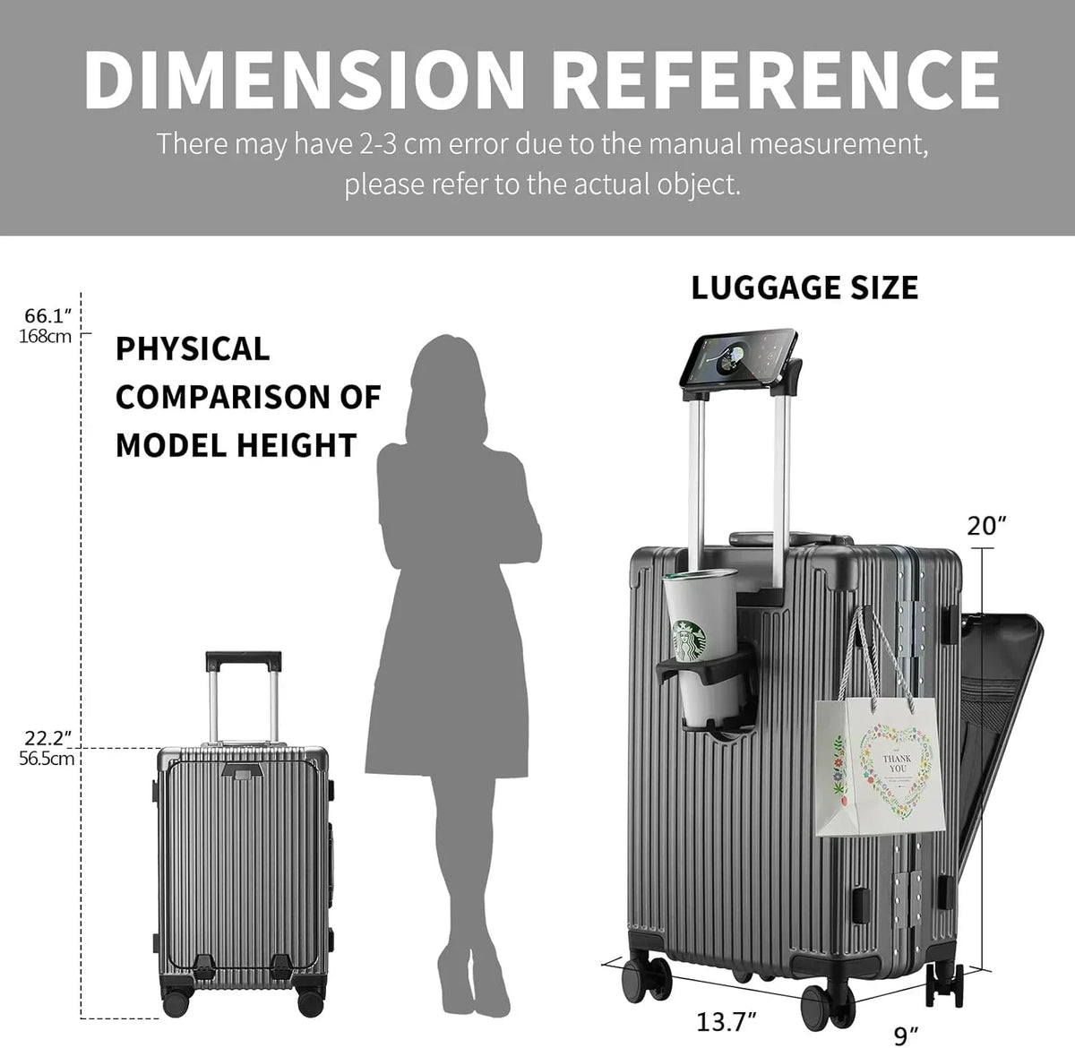 2026 NewCarry-On Luggage with USB Charging Port, Front Compartment, TSA Lock, Airline Approved Carry On Hardside Suitcase with Spinner Wheels (Grey, 20inch)