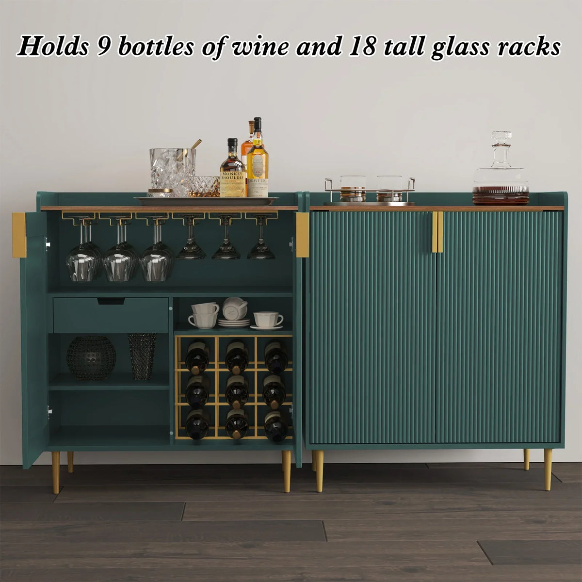 2026 NewCBJCBJ 32" Wine Bar Cabinet with 2 Door Fluted Texture, Modern Coffee Cabinet with Rack&Glass Holder, Black
