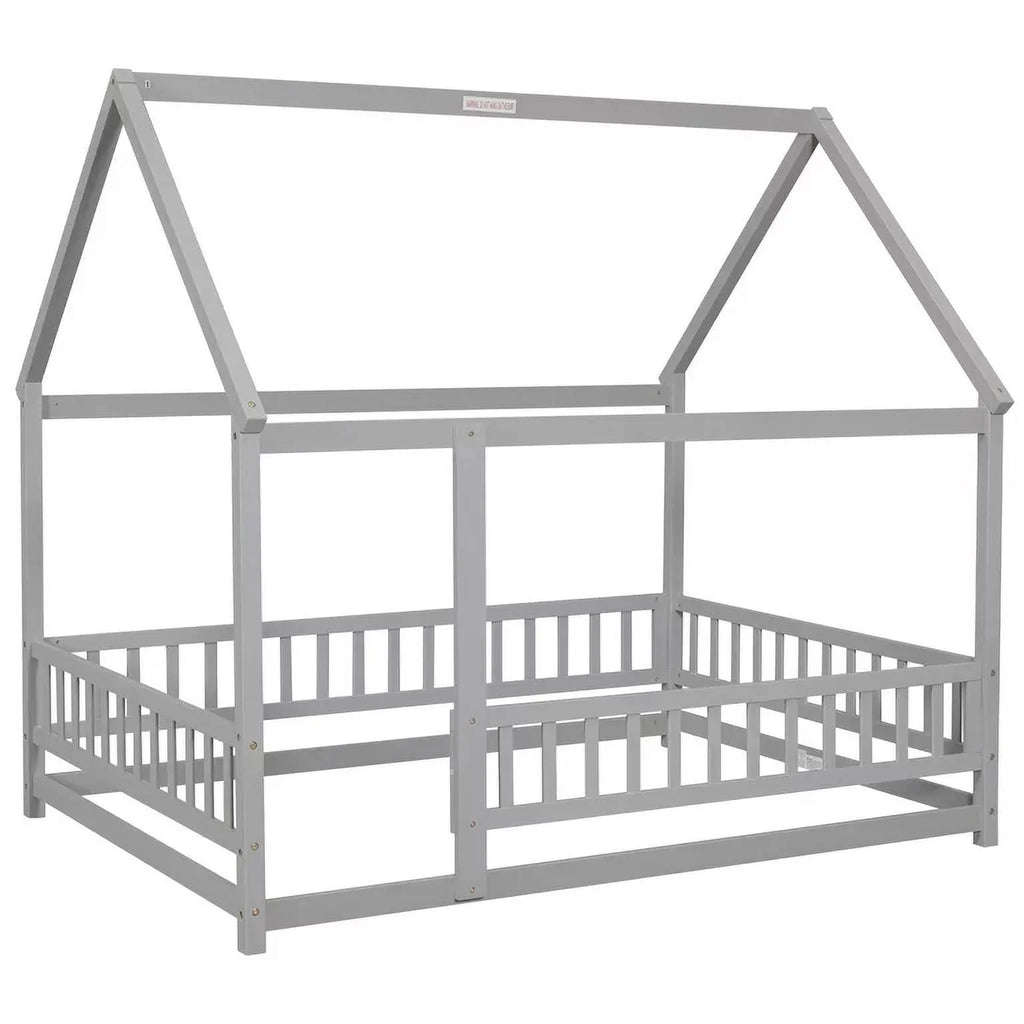 2026 New Full Size House Floor Bed, Wood Montessori Bed Frame with Fence Guardrails, House Beds Frame No Box Spring Needed-Full, Gray)