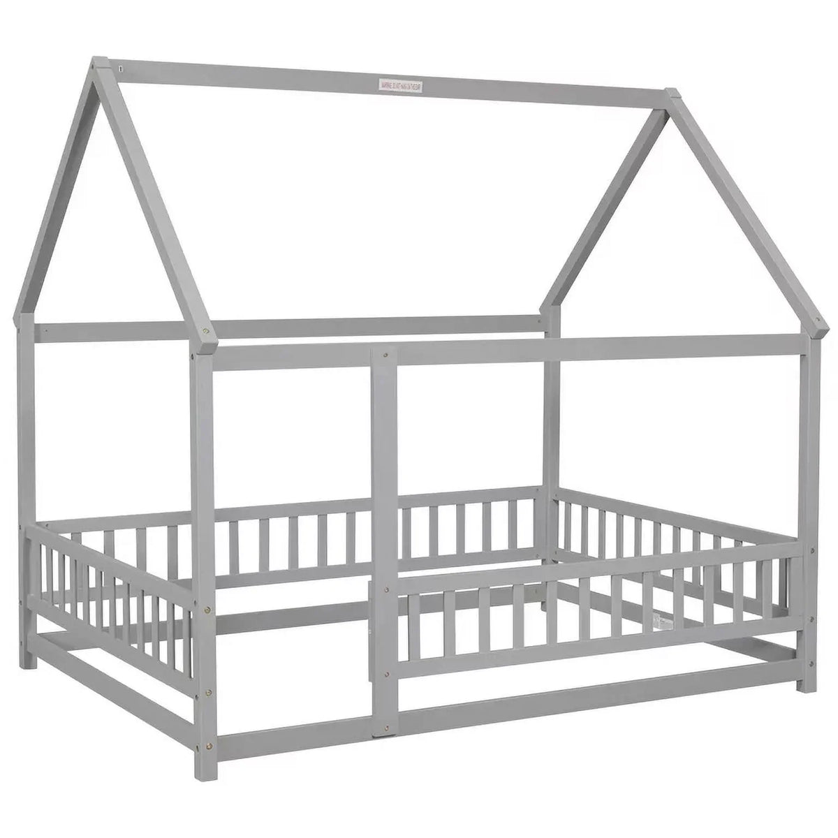 2026 New Full Size House Floor Bed, Wood Montessori Bed Frame with Fence Guardrails, House Beds Frame No Box Spring Needed-Full, Gray)