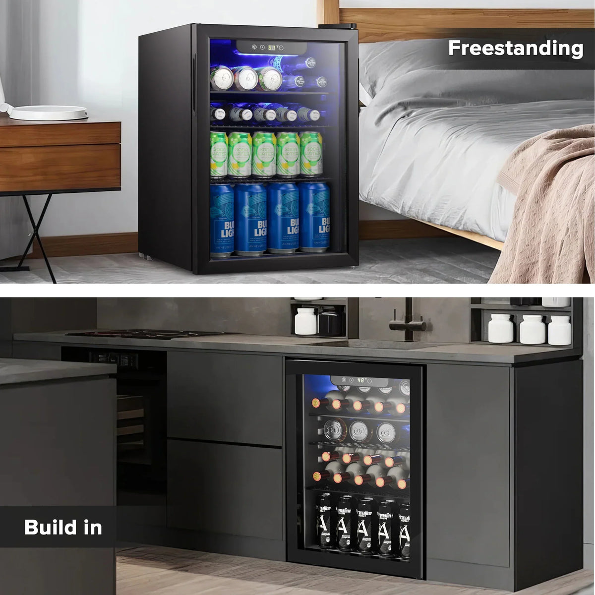 2026 NewAuseo 1.3 Cu.ft. Mini Beverage Refrigerator Cooler - 55 Can &12 Bottle Mini Fridge with Double Glass Door, for Home/Bar/Office, Electronic touch control