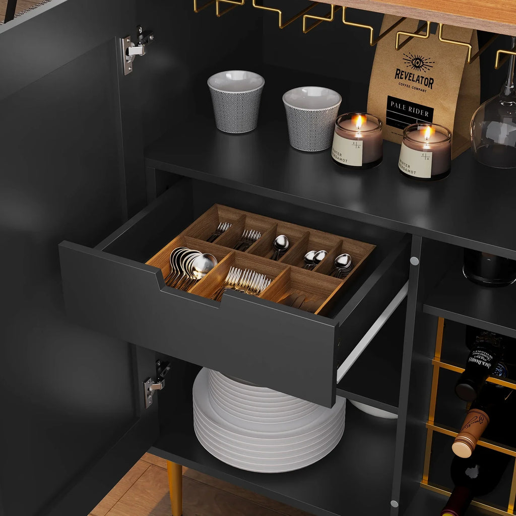 2026 NewCBJCBJ 32" Wine Bar Cabinet with 2 Door Fluted Texture, Modern Coffee Cabinet with Rack&Glass Holder, Black