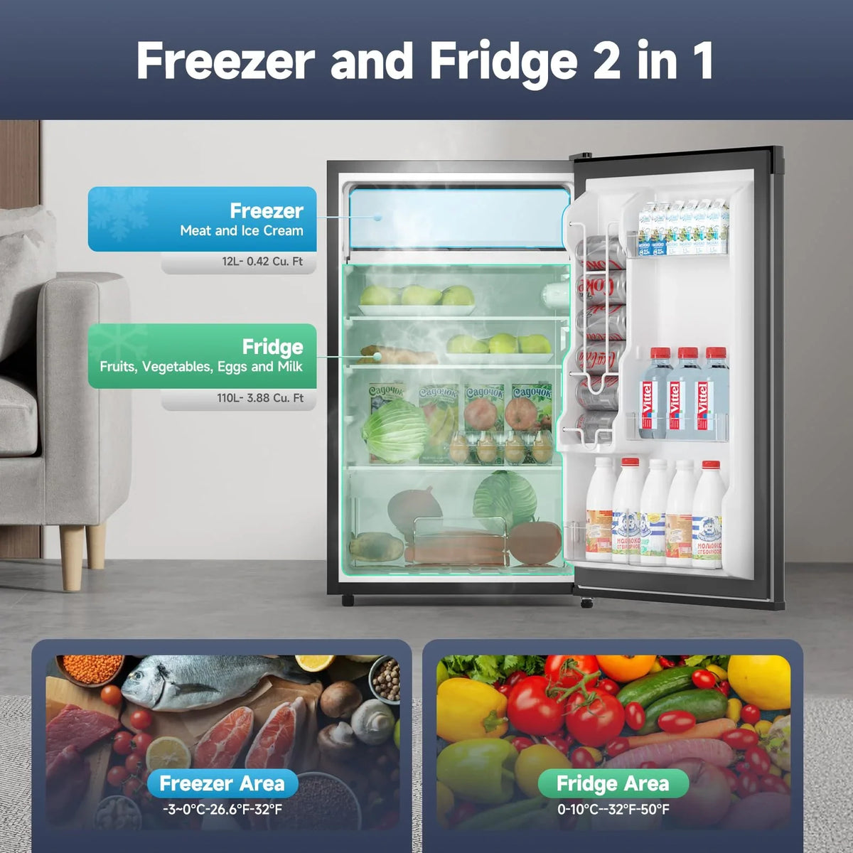 2026 NewSoonbuy Compact Mini Fridge with Freezer, 4.3 Cu.Ft Single Door Refrigerator with Adjustable Temperature, Removable Shelves & Crisper Drawer, Energy Efficient Small Fridge for Bedroom, Office, Dorm, R