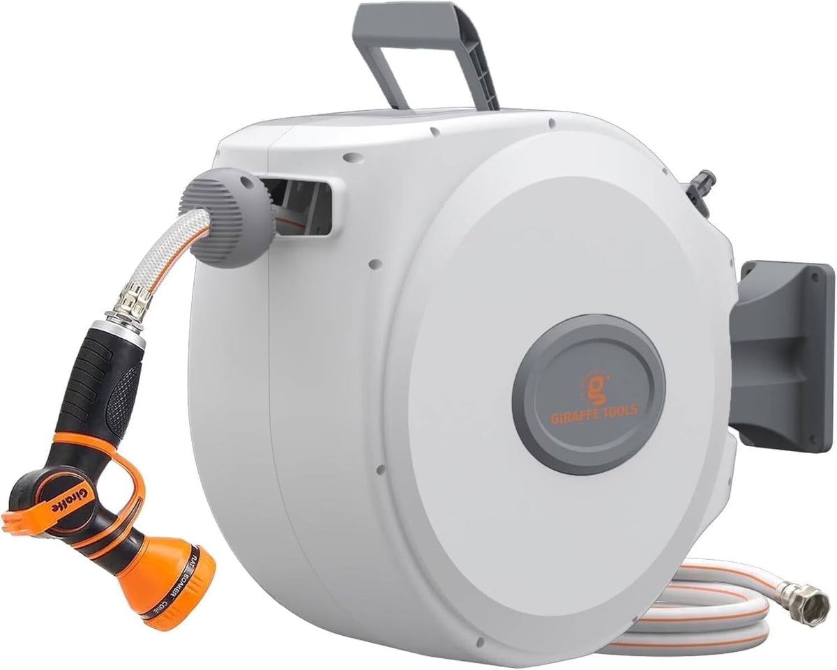 2026 NewGiraffe Tools Retractable Garden Hose Reel with 1/2in-100ft Water Hose, Plastic Bracket, Wall Mounted, Dark Grey