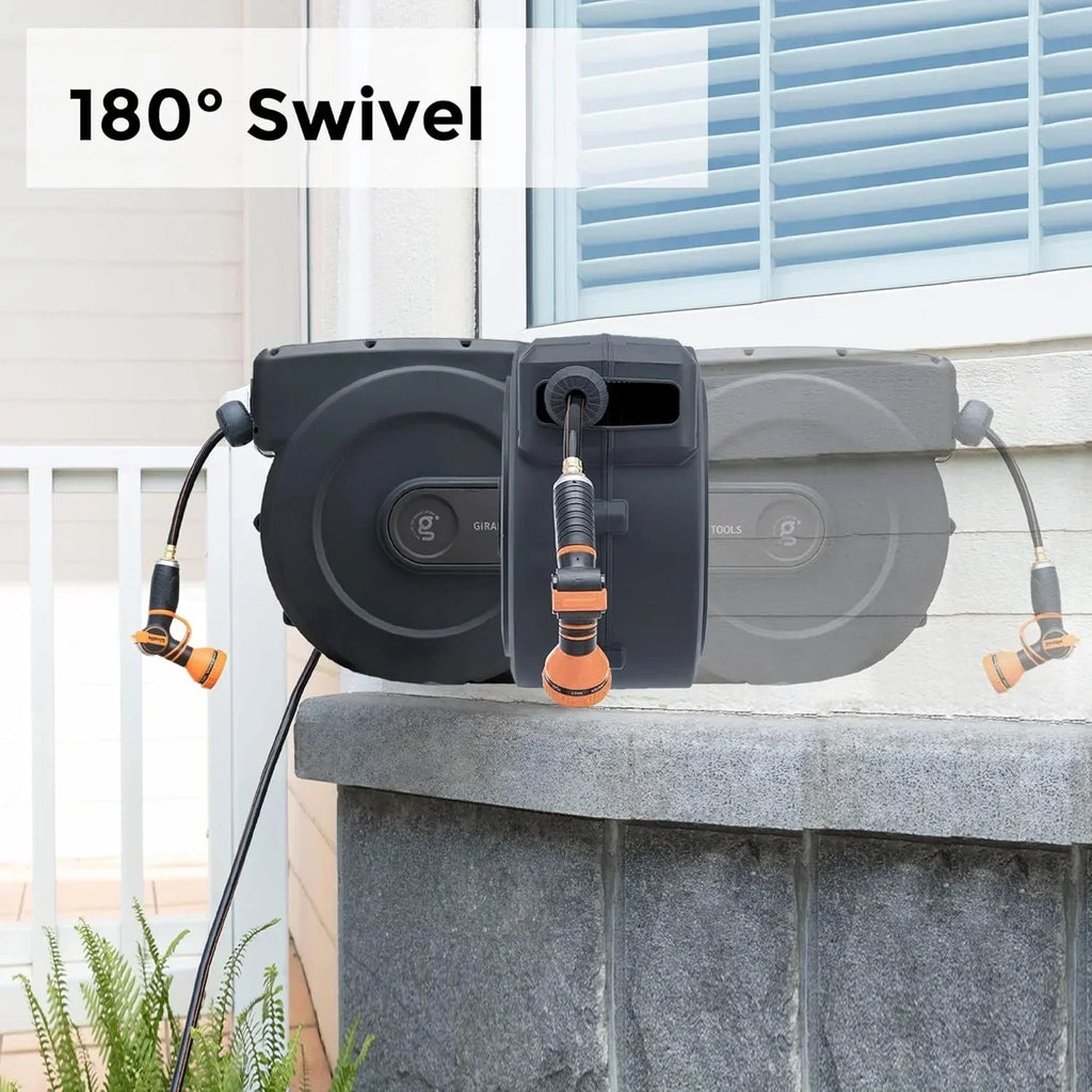 2026 NewGiraffe Tools Retractable Garden Hose Reel with 1/2in-100ft Water Hose, Plastic Bracket, Wall Mounted, Dark Grey