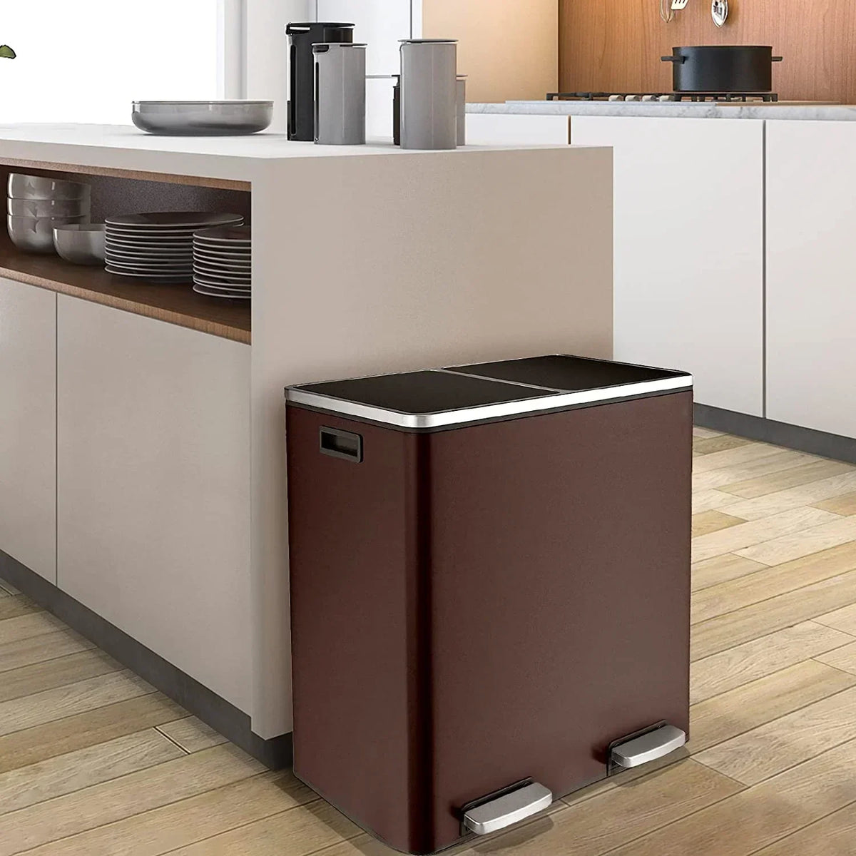 2026 NewArlopu 60 L/16 gal Dual Trash Can, Stainless Steel Garbage Can for Kitchen, Recycle Bin with Lid