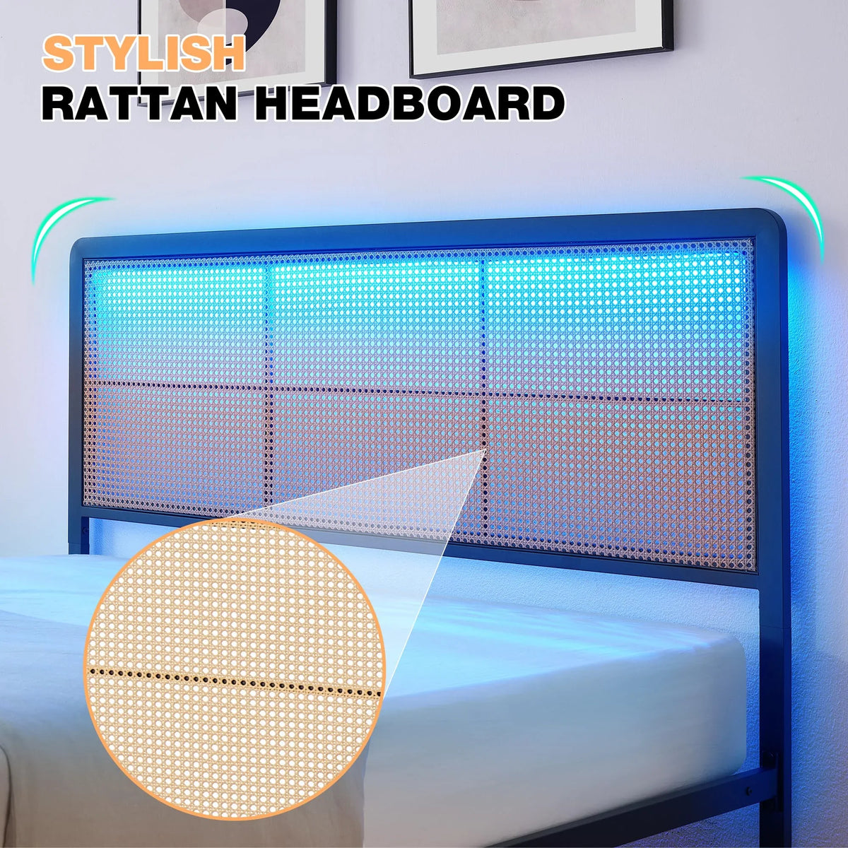 2026 New Platform Bed Frame with Natural Rattan Headboard Modern Cane Bed Frames with Heavy Duty Sturdy Steel Slat Support No Box Spring Needed Easy Assembly