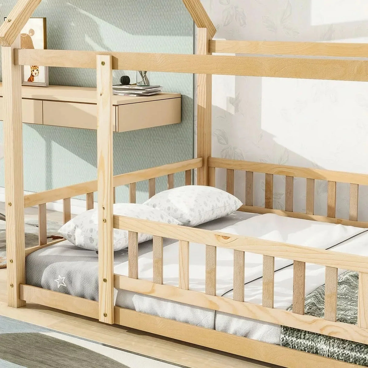 2026 New Full Size House Floor Bed, Wood Montessori Bed Frame with Fence Guardrails, House Beds Frame No Box Spring Needed-Full, Gray)