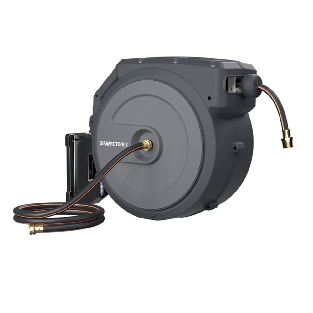 2026 NewGiraffe Tools Retractable Garden Hose Reel with 1/2in-100ft Water Hose, Plastic Bracket, Wall Mounted, Dark Grey