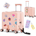 2026 NewAdvwin Ride-On Kids Luggage with Pull Strap, Footrests, Cup Holder, 6 Wheels & Adjustable Handle, 18-Inch Spinner Suitcase with Stickers & Boarding Pass, Pink