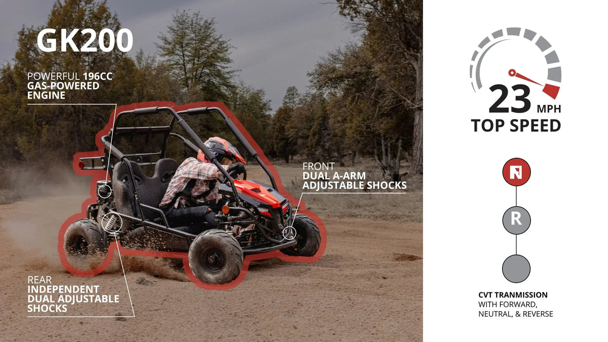 2026 NewColeman Powersports GK200 196cc Gas Powered Go-Kart, Two-Seater Off-Road Vehicle Up to 23 MPH, Rugged Suspension, Pull-Start Engine, Ages 13+, Red