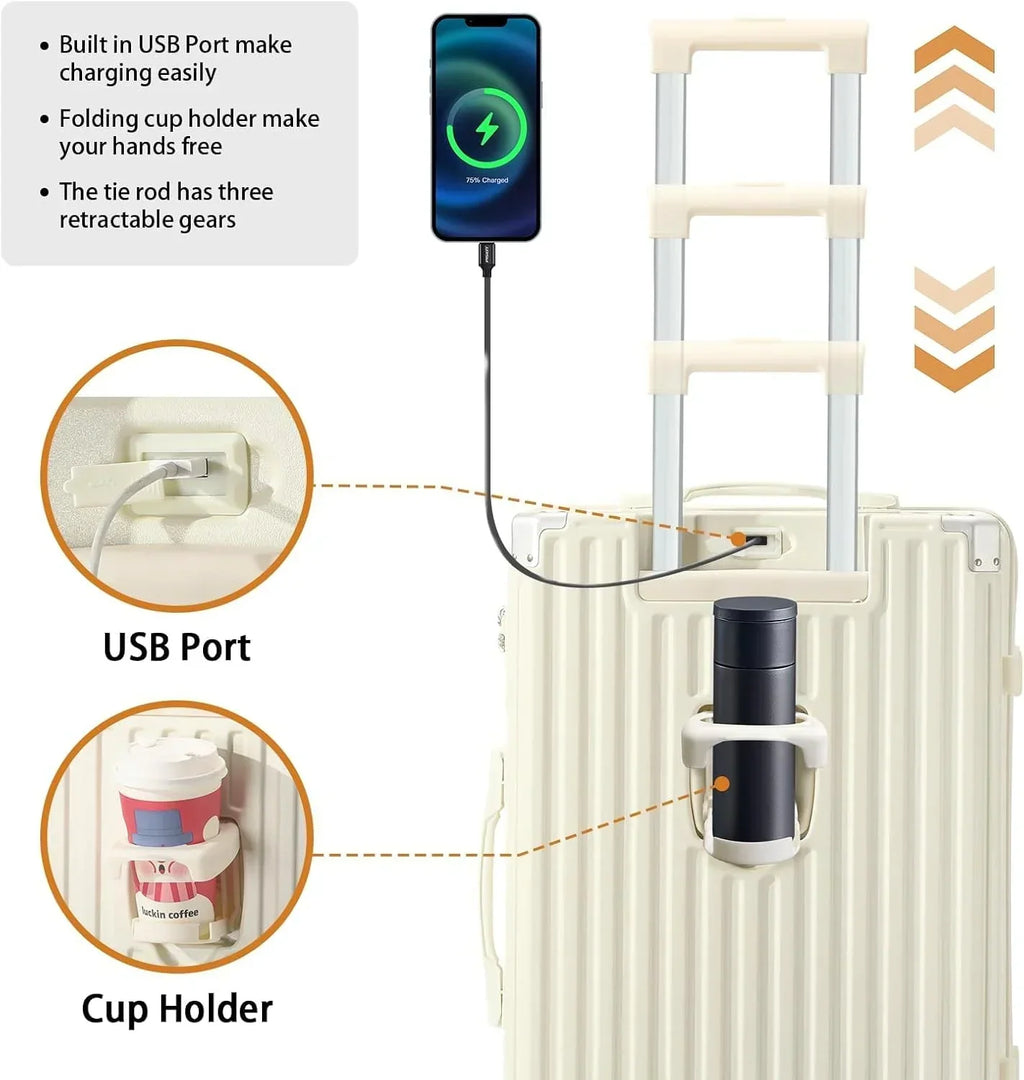 2026 New20 Inch Carry On Luggage With Cup Holder & USB Port, Airline Approved TSA-locked Luggage, Lightweight PC Material Travel Suitcase With 360" Spinner Wheel