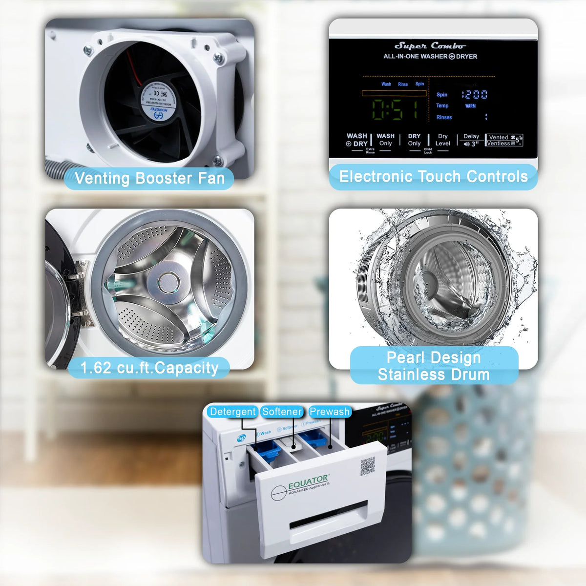 2026 NewEquator Combination Washer Dryer Ventless/Vented Pet cycle 1.62cf/15lbs 110V with Adjustable legs