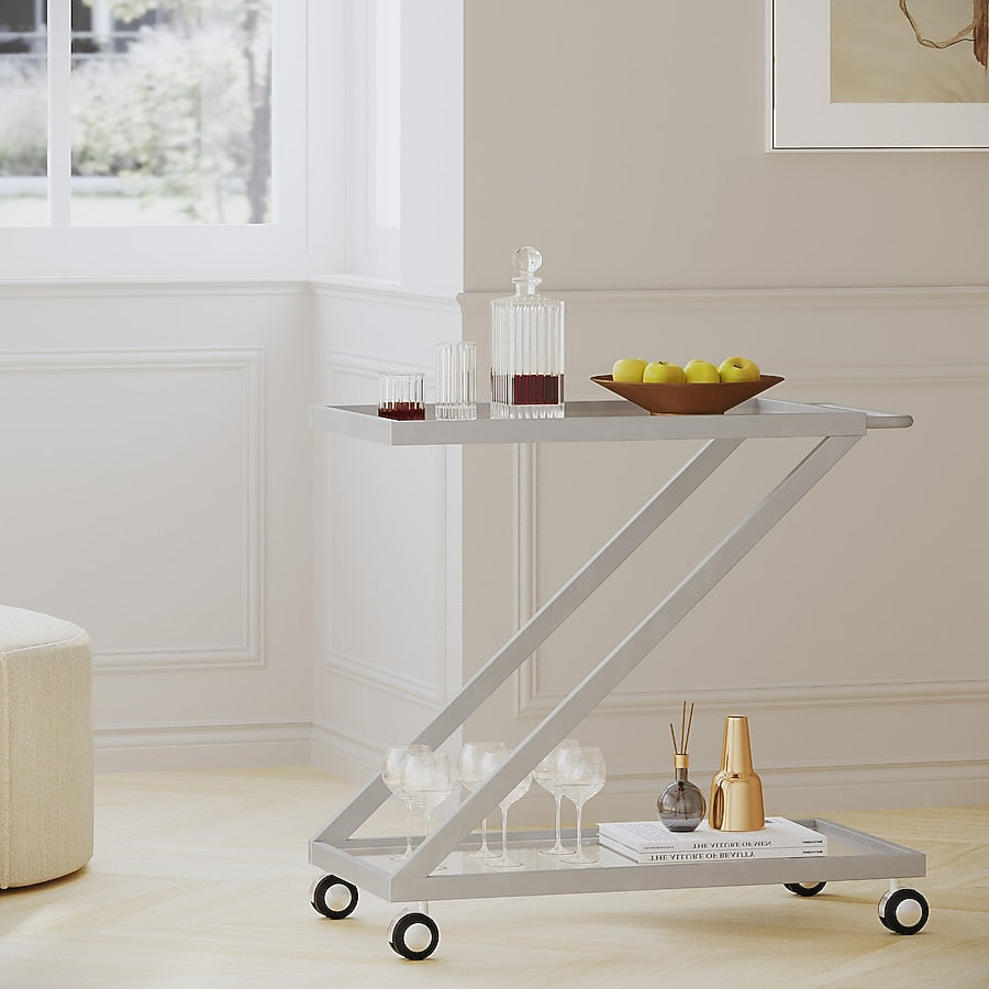 Christopher Knight Home Bar Cart Iron Base with Tempered Glass Shelves Z-Shaped Frame