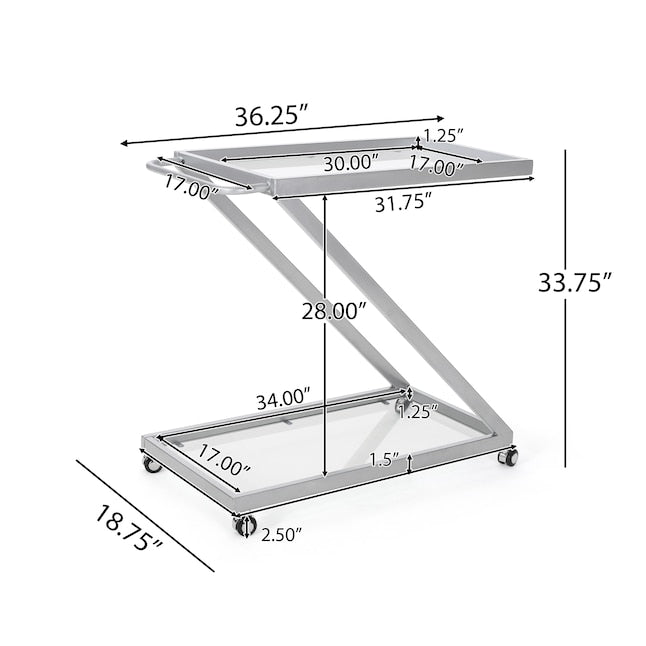 Christopher Knight Home Bar Cart Iron Base with Tempered Glass Shelves Z-Shaped Frame