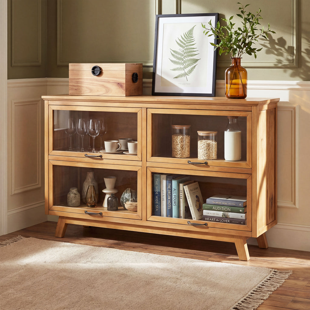 Christopher Knight Home Natural Wood 37.5 in. H Storage Cabinet with 4 Glass Doors
