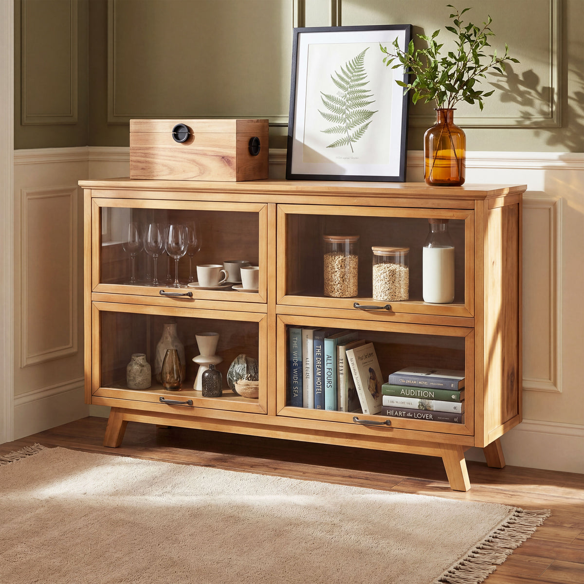 Christopher Knight Home Natural Wood 37.5 in. H Storage Cabinet with 4 Glass Doors