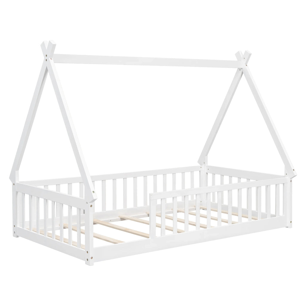 2026 New Full Size House Floor Bed, Wood Montessori Bed Frame with Fence Guardrails, House Beds Frame No Box Spring Needed-Full, Gray)