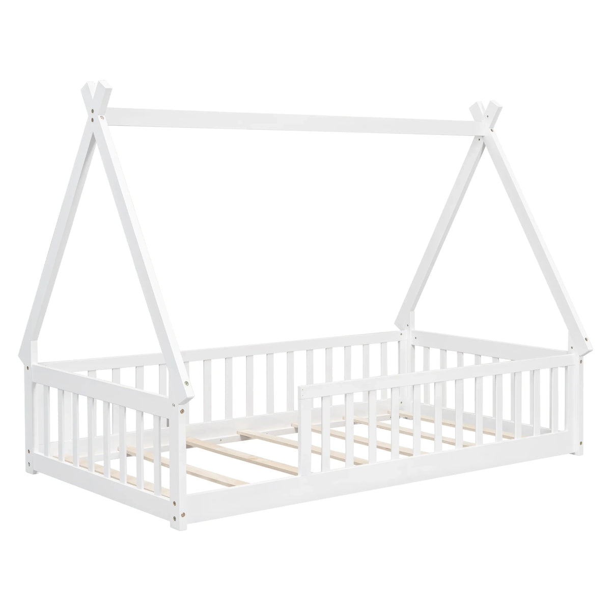 2026 New Full Size House Floor Bed, Wood Montessori Bed Frame with Fence Guardrails, House Beds Frame No Box Spring Needed-Full, Gray)
