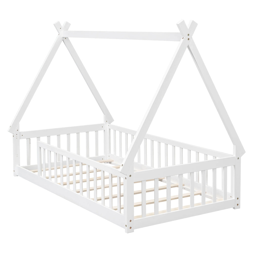 2026 New Full Size House Floor Bed, Wood Montessori Bed Frame with Fence Guardrails, House Beds Frame No Box Spring Needed-Full, Gray)