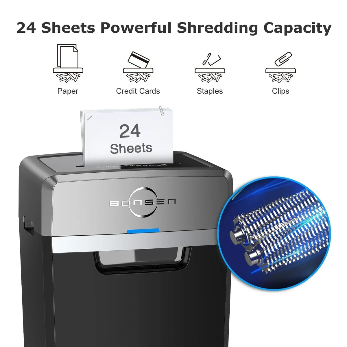 2026 NewBonsen 24 Sheet Heavy Duty Cross Cut Shredder for Office | Commercial Shredder with 9 Gallons Bin