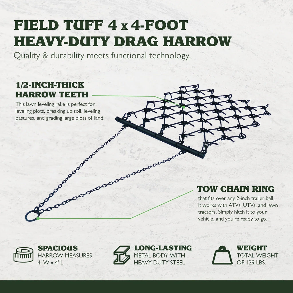 2026 NewField Tuff 4'x4' Steel Drag Rake Field Leveling Harrow with 1/2" Teeth