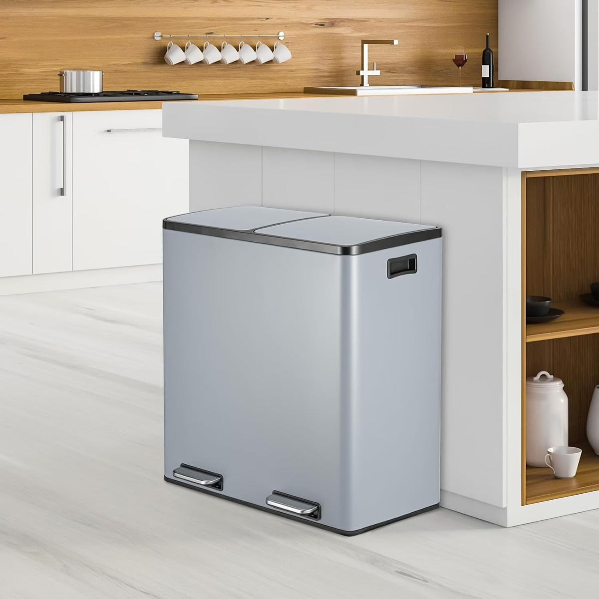 2026 NewArlopu 60 L/16 gal Dual Trash Can, Stainless Steel Garbage Can for Kitchen, Recycle Bin with Lid