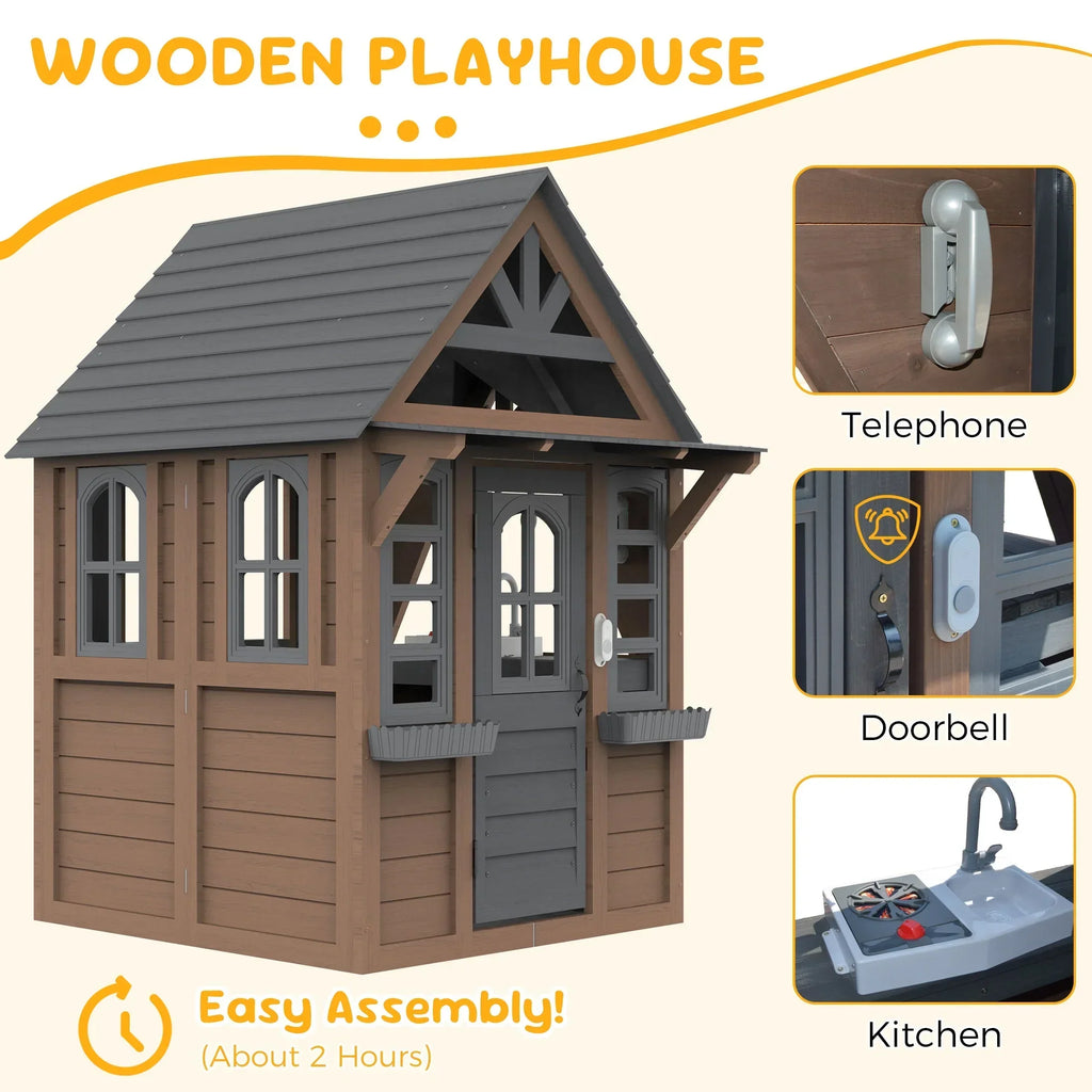 2026 NewCOCLUB Outdoor Playhouse for Kids Ages 4-8, Wooden Play House with Doorbell, Phone, Kitchen Toys, Outdoor Kids Play Equipment, Casa Para Niñas (45”L x 65”H), White & Black