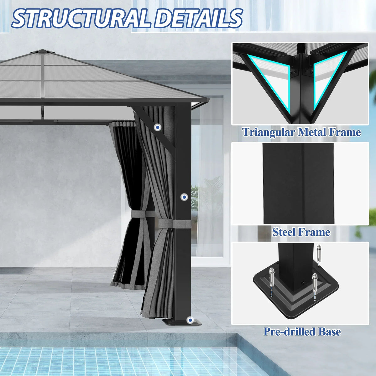 2026 NewGARTOO 10' x 10' Hardtop Gazebo, Outdoor Polycarbonate Roof Gazebo with Steel Frame, Permanent Pavilion with Netting& Curtains