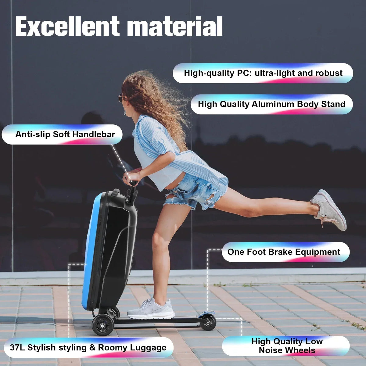 2026 NewAdvwin Scooter Luggage for Kids & Adults, Hardside Ride on Suitcase for Kids Ages 4-15 Multifunctional Lightweight Foldable Carry on Luggage with Wheels Ride on for Children Teenagers, Pink