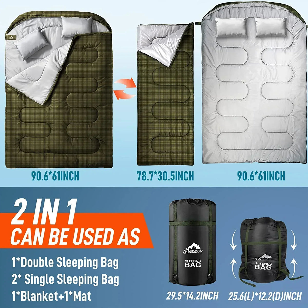 2026 NewDouble Sleeping Bag for Adults Mens with Pillow, XL Queen Size Two Person Sleeping Bag for All Season Camping Hiking Backpacking 2 Person Sleeping Bags for Cold Weather & Warm