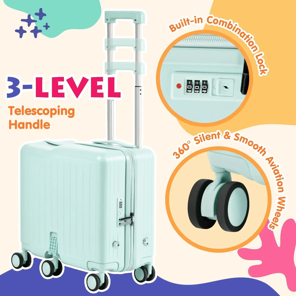 2026 NewAdvwin Ride-On Kids Luggage with Pull Strap, Footrests, Cup Holder, 6 Wheels & Adjustable Handle, 18-Inch Spinner Suitcase with Stickers & Boarding Pass, Pink
